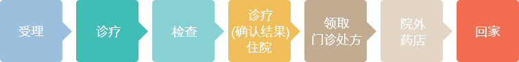 접수 >> 진료 >> 검사 >> 진료(결과확인)/입원 >> 처방전수납 >> 원외약국 >> 귀가