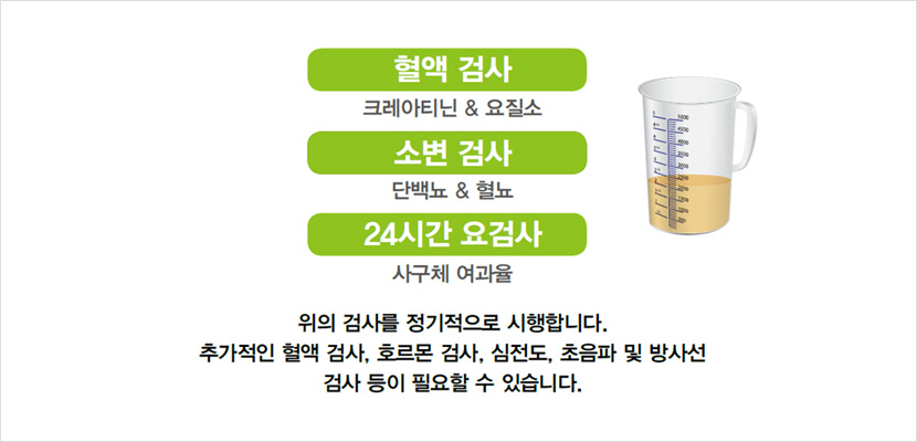 혈액검사:크레아티닌&요질소 / 소변검사:단백뇨&혈뇨 / 24시간 요검사:사구체 여과율 / 위의 검사를 정기적으로 시행합니다. 추가적인 혈액 검사, 호르몬 검사, 심전도, 초음파 및 방사선 검사 등이 필요할 수 있습니다.